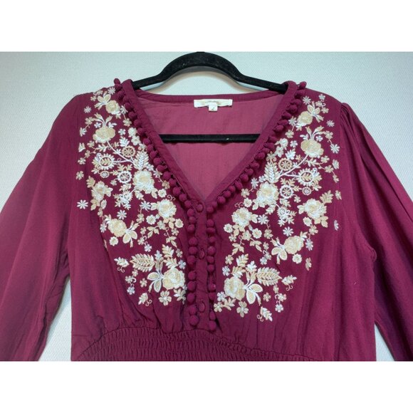Andree By Unit Womens Embroidered Long Sleeves Maxi Dress Size L Burgundy Boho - Picture 4 of 16
